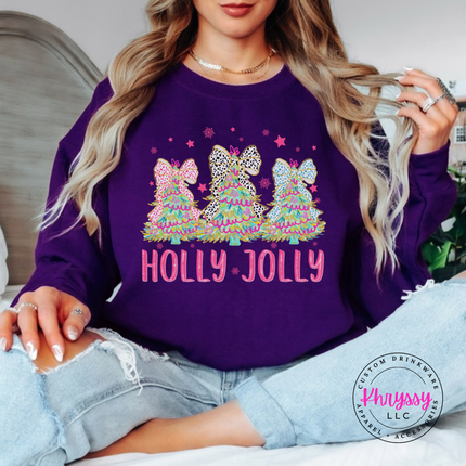 Model wearing the Holly Jolly bow tree crewneck sweatshirt in Purple.