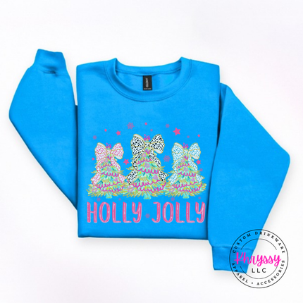 Sapphire crewneck sweatshirt showing glittery bow trees over pink Holly Jolly letters.