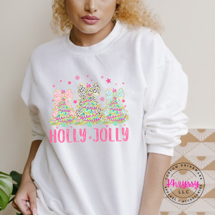 White crewneck sweatshirt featuring Holly Jolly coquette bow Christmas trees