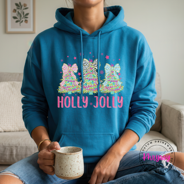 Antique Sapphire hoodie featuring three bow topped Christmas trees and Holly Jolly lettering.