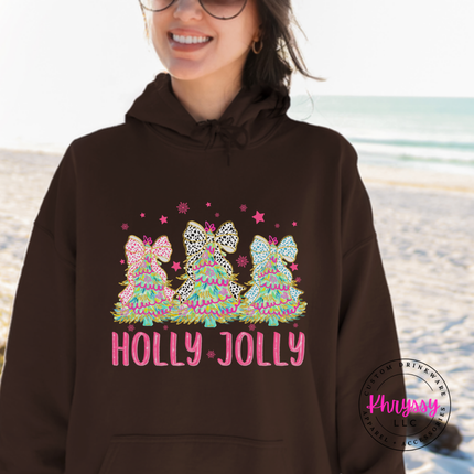 Dark Chocolate hoodie showing glittery bow trees over pink Holly Jolly letters.