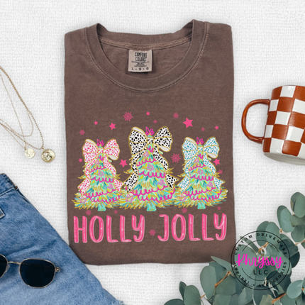 Espresso tee showing glittery bow trees over pink Holly Jolly letters.