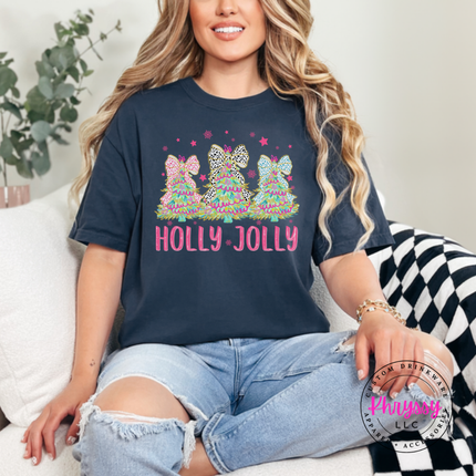 Midnight tee featuring three bow topped Christmas trees and Holly Jolly lettering.