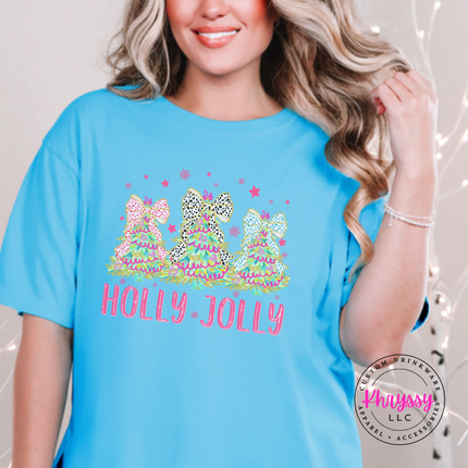 Close up of the bow tree art on a Sapphire tee.