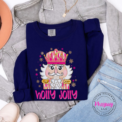 Flat lay of the Holly Jolly nutcracker Christmas long sleeve tee in True Navy.