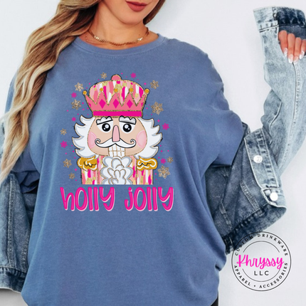 Model wearing the Holly Jolly nutcracker tee in Blue Jean.