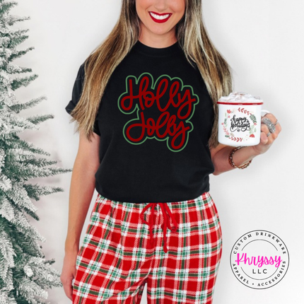 Black tee with Holly Jolly in bold outlined Christmas script lettering