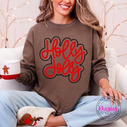 Espresso long sleeve tee with Holly Jolly in bold outlined Christmas script lettering