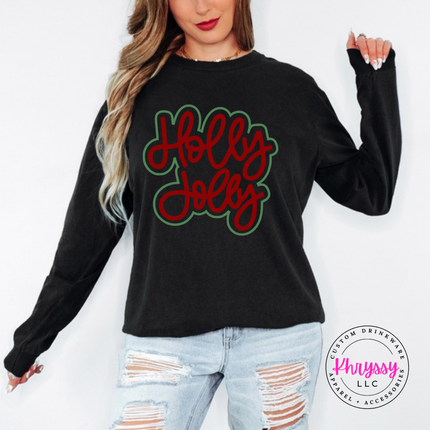 Black long sleeve tee with Holly Jolly in bold outlined Christmas script lettering