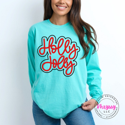 Chambray long sleeve tee with Holly Jolly in bold outlined Christmas script lettering
