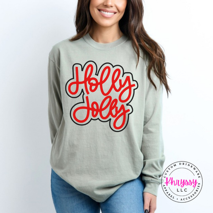 Sandstone long sleeve tee with Holly Jolly in bold outlined Christmas script lettering