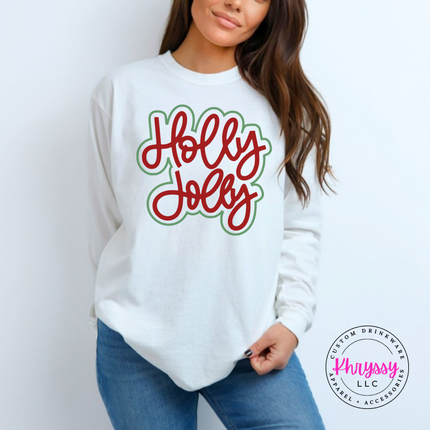 White long sleeve tee with Holly Jolly in bold outlined Christmas script lettering