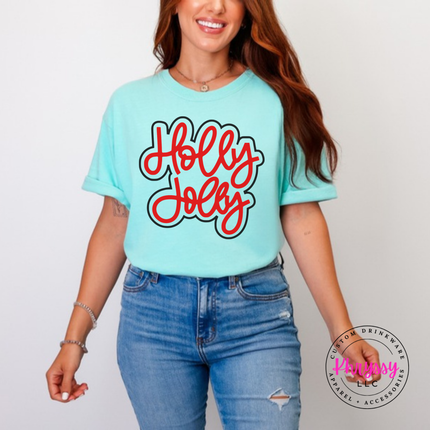 Chambray tee with Holly Jolly in bold outlined Christmas script lettering