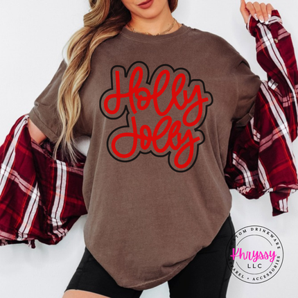 Espresso tee with Holly Jolly in bold outlined Christmas script lettering
