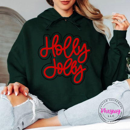 Forest hoodie with Holly Jolly in bold outlined Christmas script lettering