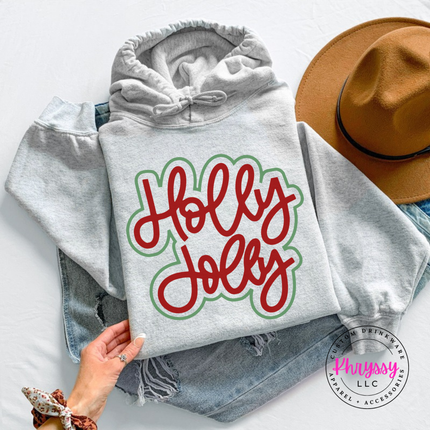 Ash hoodie with Holly Jolly in bold outlined Christmas script lettering