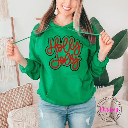 Irish Green hoodie with Holly Jolly in bold outlined Christmas script lettering