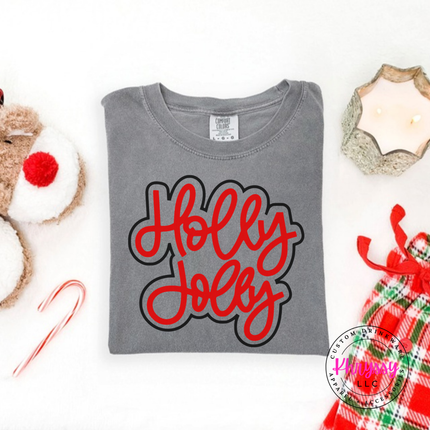 Grey tee with Holly Jolly in bold outlined Christmas script lettering