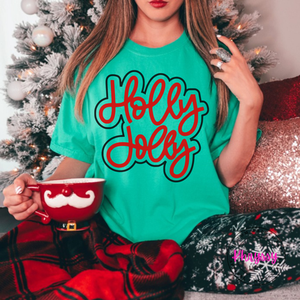 Island Green tee with Holly Jolly in bold outlined Christmas script lettering