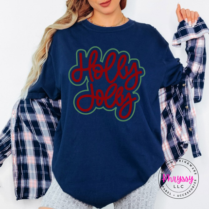 True Navy tee with Holly Jolly in bold outlined Christmas script lettering