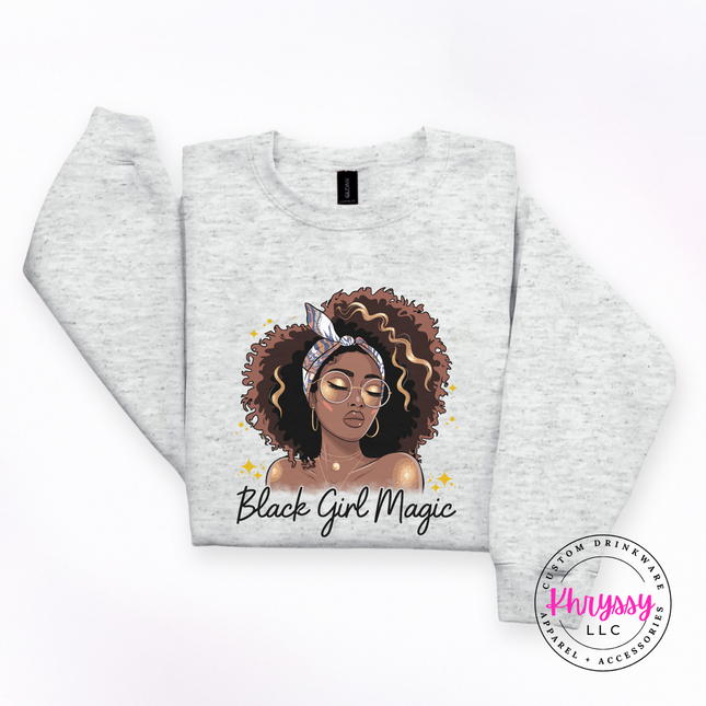 Ash Grey crewneck sweatshirt featuring a Black Girl Magic portrait design.