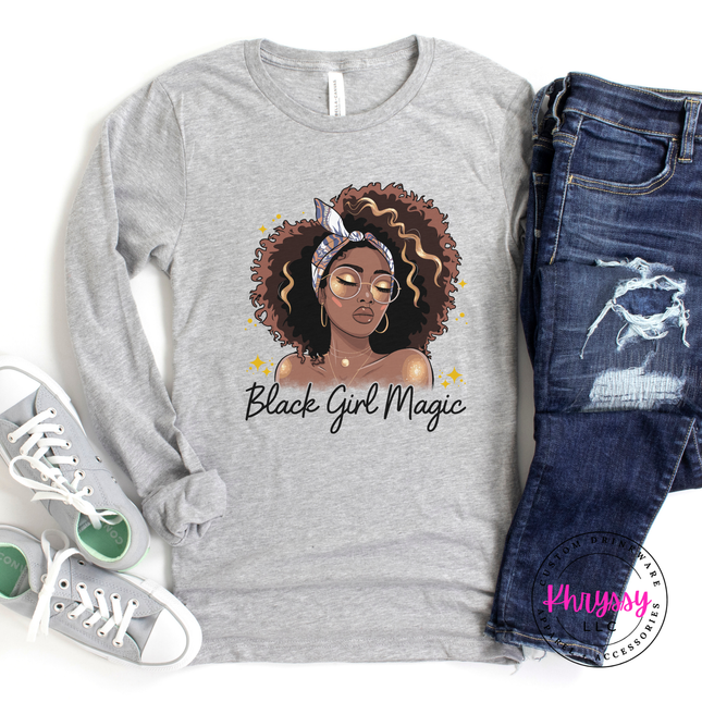 Athletic Heather tee showing a curly hair Black Girl Magic design.