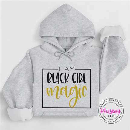 Ash grey sweatshirt showing bold Black Girl Magic empowerment lettering.