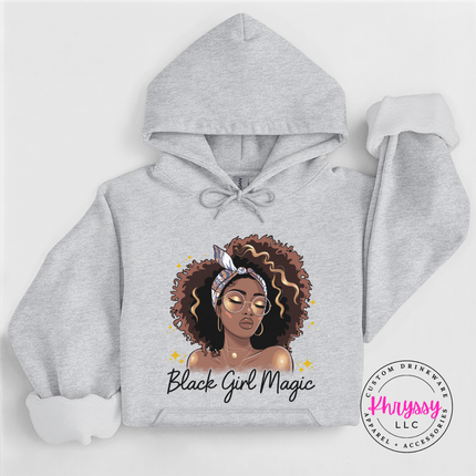 Ash Grey hoodie featuring a Black Girl Magic illustration in black script.