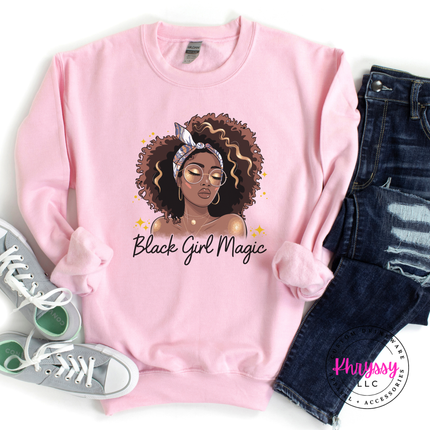 Light Pink crewneck sweatshirt showing a melanin queen in a headwrap.