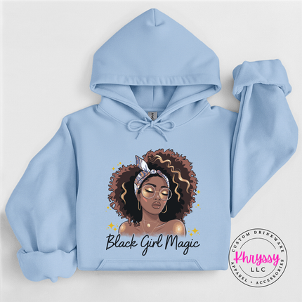 Light Blue hoodie showing a boho Black Girl Magic graphic design.