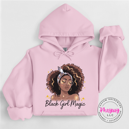 Light Pink hoodie showing a melanin queen portrait with gold glasses.