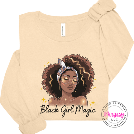 Soft Cream tee featuring a Black Girl Magic portrait in black script.