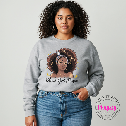 Sport Grey crewneck sweatshirt showing a boho Black Girl Magic graphic.