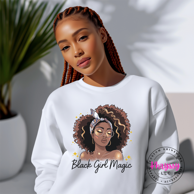 White crewneck sweatshirt with an illustrated Black woman and natural curls.