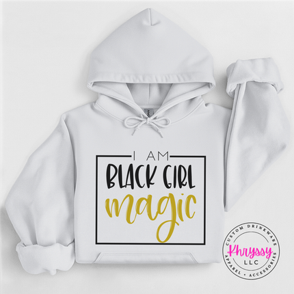 White Gildan crewneck with I Am Black Girl Magic in gold script.