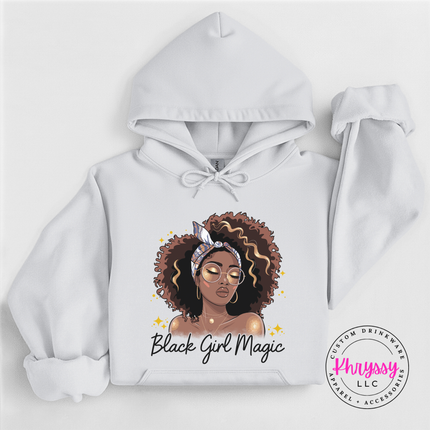 White hoodie with an illustrated Black woman in a headwrap and curls.
