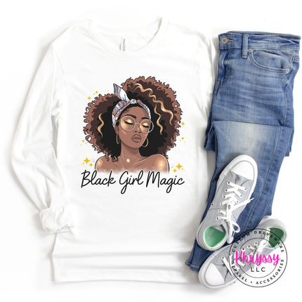 White tee with a boho illustration of a Black woman with natural curls.