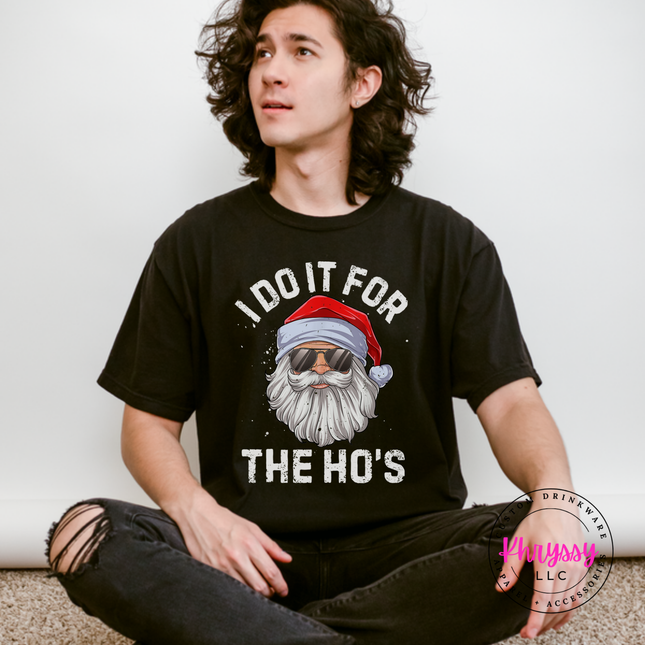 Black tee featuring a cool Santa in dark sunglasses.
