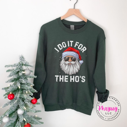 Flat lay of the funny sunglasses Santa Christmas crewneck sweatshirt in Forest.