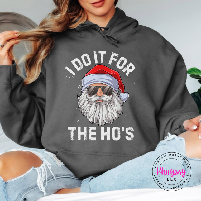 Model wearing the funny sunglasses Santa hoodie in Charcoal.