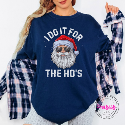 Flat lay of the funny sunglasses Santa Christmas tee in True Navy.