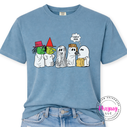 Ice Blue tee with the ghost costume lineup Halloween graphic