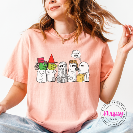 Peachy tee with the witch and ghost costume party graphic