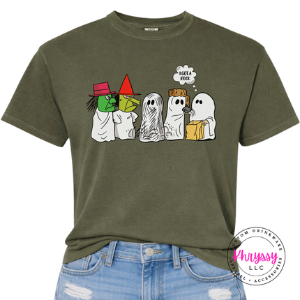 Sage tee with the ghost costume lineup Halloween graphic