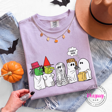 Woman wearing an Orchid tee with the cute Halloween ghost squad print