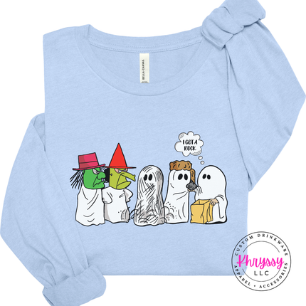 Baby Blue long sleeve tee with the funny ghosts in costumes design