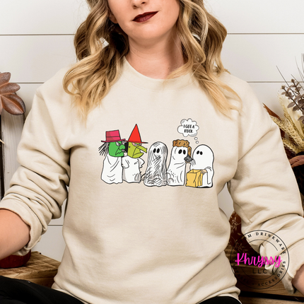Sand crewneck sweatshirt styled for fall with a retro Halloween ghost design.