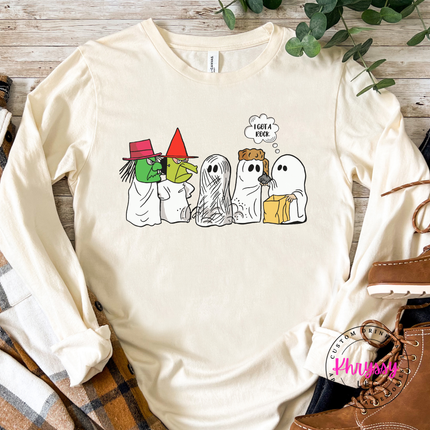 Natural tee styled for fall, featuring vintage-style Halloween ghosts.