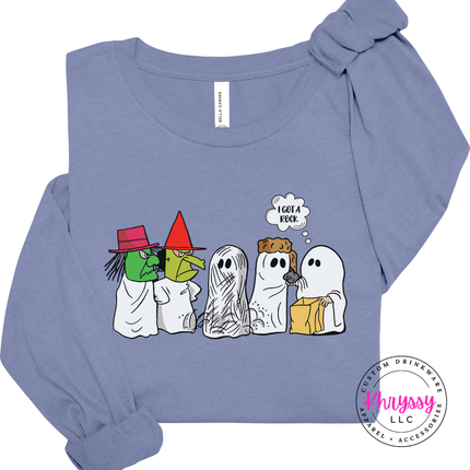 Lavender Blue long sleeve tee with the witch and ghost costume party graphic