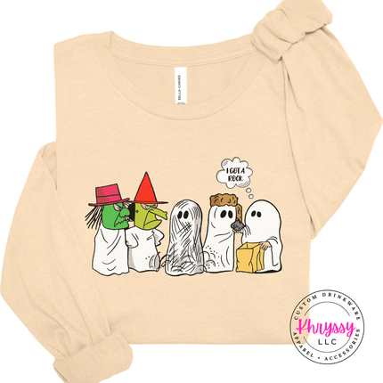 Natural tee styled for fall, featuring vintage-style Halloween ghosts.
